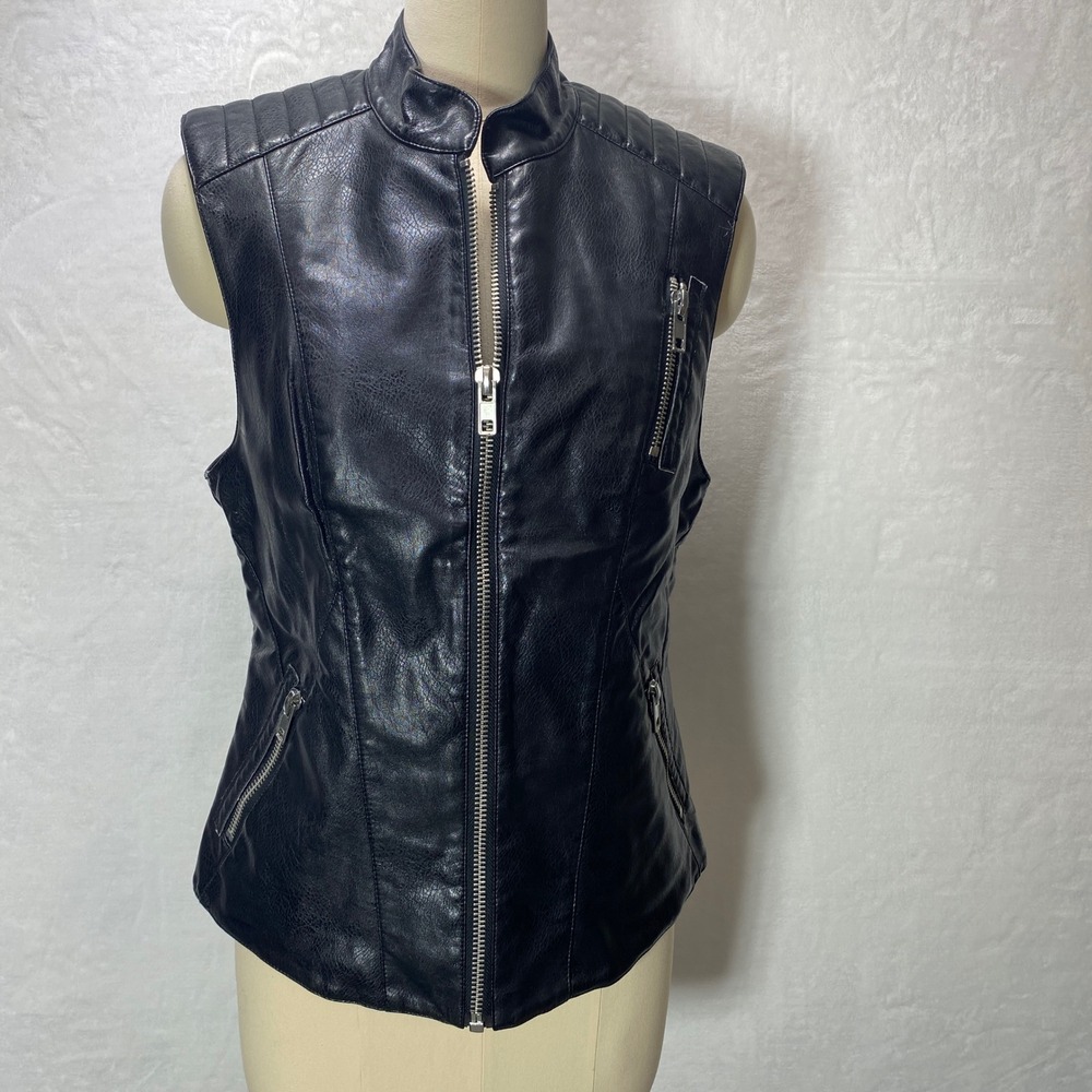 TART COLLECTION Womens Black Faux Leather Full Zip Vest Moto Biker Chick